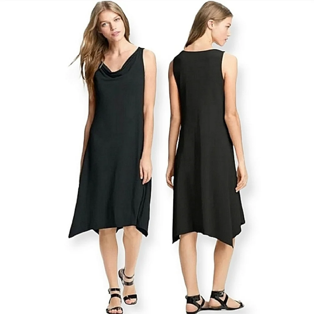 Eileen Fisher Cowl Neck Handkerchief Sleeveless Black Dress - Picture 1 of 5